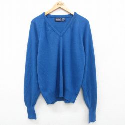 【50%OFF】L★古着 Par Four 長袖 セーター メンズ 90年代 90s 無地 ラグラン アクリル Vネック 青 ブルー 24oct08 中古 ニット トップス