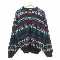 【50%OFF】XL★古着 長袖 セーター メンズ 90年代 90s ネイティブ柄 ラグ柄 アクリル クルーネック USA製 黒他 ブラック 24oct08 中古 ニット トップス