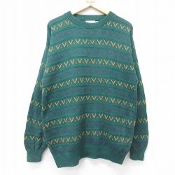 【50%OFF】XL★古着 長袖 セーター メンズ 90年代 90s コットン クルーネック USA製 緑他 グリーン 24oct08 中古 ニット トップス