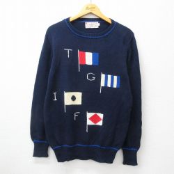 【20%OFF】M★古着 長袖 セーター メンズ 90年代 90s 国旗 コットン クルーネック 紺他 ネイビー 24oct08 中古 ニット トップス