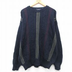 XL★古着 長袖 ケーブル セーター メンズ 00年代 00s 大きいサイズ クルーネック 紺 ネイビー 24oct08 中古 ニット トップス