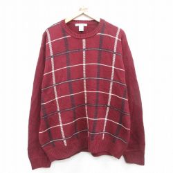 XL★古着 長袖 セーター メンズ 00年代 00s 大きいサイズ コットン クルーネック エンジ他 チェック 24oct09 中古 ニット トップス