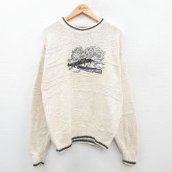 L★古着 長袖 セーター メンズ 90年代 90s 釣り ボート 刺繍 コットン クルーネック USA製 生成り 24oct09 中古 ニット トップス