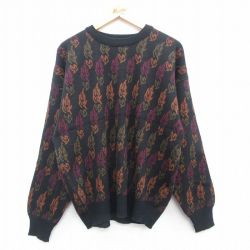 【50%OFF】XL★古着 長袖 セーター メンズ 90年代 90s クルーネック イタリア製 黒他 ブラック 24oct10 中古 ニット トップス