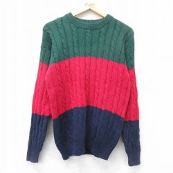 【20%OFF】M★古着 長袖 ケーブル セーター メンズ マルチカラー コットン クルーネック 赤他 レッド 24oct11 中古 ニット トップス