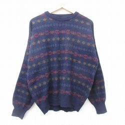 XL★古着 長袖 セーター メンズ 90年代 90s 大きいサイズ ウール クルーネック イタリア製 紺他 ネイビー 24oct11 中古 ニット トップス
