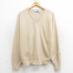 L★古着 長袖 セーター メンズ 90年代 90s アクリル ラグラン Vネック USA製 ベージュ カーキ 24oct12 中古 ニット トップス