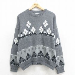 【50%OFF】XL★古着 長袖 セーター メンズ アーガイル クルーネック グレー 24oct12 中古 ニット トップス