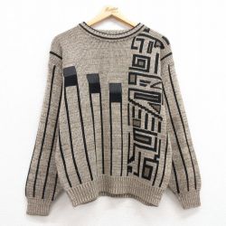 【50%OFF】L★古着 長袖 セーター メンズ 00年代 00s レザー使用 アクリル クルーネック ベージュ他 カーキ 24oct15 中古 ニット トップス