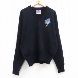【50%OFF】XL★古着 長袖 セーター メンズ 90年代 90s 龍 ボストン 大きいサイズ アクリル Vネック 濃紺 ネイビー 24oct15 中古 ニット トップス