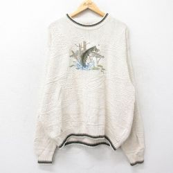 XL★古着 長袖 セーター メンズ 90年代 90s 魚 刺繍 大きいサイズ コットン クルーネック USA製 白他 ホワイト 24oct16 中古 ニット トップス