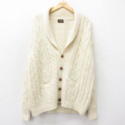 XL★古着 長袖 ケーブル ニット カーディガン メンズ 90年代 90s 大きいサイズ ハート ショールカラー 生成り 24oct16 中古 トップス