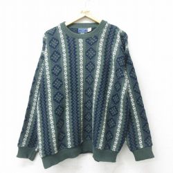 XL★古着 長袖 セーター メンズ 90年代 90s コットン クルーネック USA製 緑 グリーン 24oct17 中古 ニット トップス