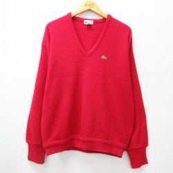 XL★古着 ラコステ LACOSTE 長袖 セーター メンズ 90年代 90s ワンポイントロゴ アクリル Vネック USA製 赤 レッド 24oct17 中古 ニット トップス