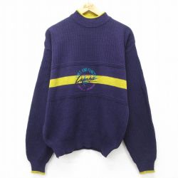 M★古着 長袖 セーター メンズ 90年代 90s LAGUNA 刺繍 アクリル モックネック ハイネック 紫他 パープル 24oct18 中古 ニット トップス