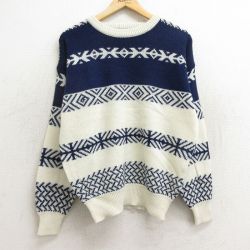 【50%OFF】L★古着 長袖 セーター メンズ 90年代 90s アクリル クルーネック 白他 ホワイト 24oct18 中古 ニット トップス