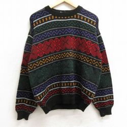 L★古着 長袖 セーター メンズ 90年代 90s アクリル クルーネック 黒他 ブラック 24oct18 中古 ニット トップス