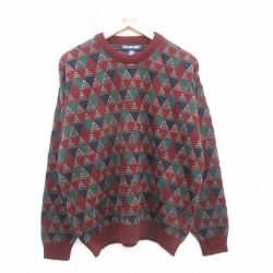 XL★古着 バンヒューセン 長袖 セーター メンズ 90年代 90s アクリル クルーネック エンジ他 24oct18 中古 ニット トップス