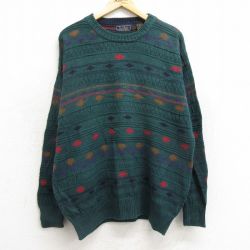 【50%OFF】XL★古着 長袖 セーター メンズ 90年代 90s ネイティブ柄 ラグ柄 クルーネック 緑他 グリーン 24oct19 中古 ニット トップス