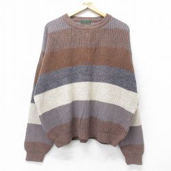 XL★古着 長袖 セーター メンズ 90年代 90s 大きいサイズ クルーネック 茶他 ブラウン ボーダー 24oct19 中古 ニット トップス