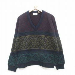 【50%OFF】XL★古着 長袖 セーター メンズ 90年代 90s ネイティブ柄 ラグ柄 アクリル Vネック 紺他 ネイビー 24oct19 中古 ニット トップス