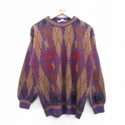 【50%OFF】XL★古着 長袖 セーター メンズ 90年代 90s アーガイル アクリル クルーネック USA製 紫他 パープル 24oct19 中古 ニット トップス