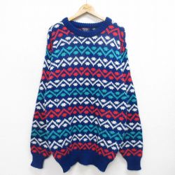 M★古着 長袖 セーター メンズ 90年代 90s ロング丈 アクリル クルーネック 青他 ブルー 24oct21 中古 ニット トップス