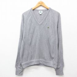 L★古着 ラコステ LACOSTE IZOD 長袖 ブランド セーター メンズ 90年代 90s ワンポイントロゴ アクリル Vネック USA製 グレー 24oct21 中古 ニット トップス
