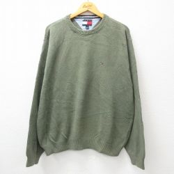 【20%OFF】XL★古着 トミーヒルフィガー TOMMY HILFIGER 長袖 ブランド セーター メンズ 90年代 90s ワンポイントロゴ 大きいサイズ コットン クルーネック 緑 グリーン 霜降り 24oct21 中古 ニット トップス