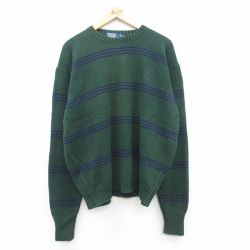 XL★古着 ラルフローレン Ralph Lauren 長袖 ブランド セーター メンズ 90年代 90s ワンポイントロゴ 大きいサイズ コットン クルーネック 緑他 グリーン 24oct21 中古 ニット トップス
