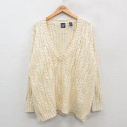 【50%OFF】XL★古着 ギャップ GAP 長袖 ケーブル セーター メンズ 00年代 00s コットン Vネック 生成り 24oct21 中古 ニット トップス