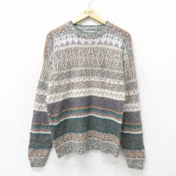 【50%OFF】L★古着 長袖 セーター メンズ 90年代 90s クルーネック 薄ベージュ カーキ 24oct22 中古 ニット トップス