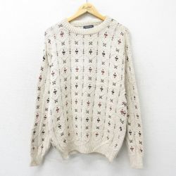 【50%OFF】XL★古着 バンヒューセン 長袖 セーター メンズ 90年代 90s コットン クルーネック USA製 薄ベージュ他 カーキ 24oct22 中古 ニット トップス