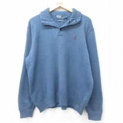 XL★古着 ラルフローレン Ralph Lauren 長袖 ブランド セーター メンズ 90年代 90s ワンポイントロゴ コットン ヘンリーネック 薄紺 ネイビー 24oct23 中古 ニット トップス