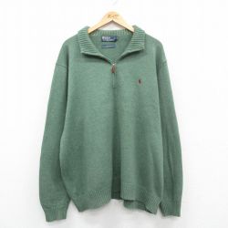XL★古着 ラルフローレン Ralph Lauren 長袖 ブランド ハーフジップ セーター メンズ 90年代 90s ワンポイントロゴ 大きいサイズ コットン 緑 グリーン 24oct24 中古 ニット トップス