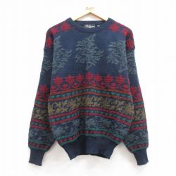 【20%OFF】M★古着 長袖 セーター メンズ 90年代 90s クルーネック 紺他 ネイビー 24oct25 中古 ニット トップス