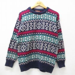 【20%OFF】M★古着 長袖 セーター メンズ 90年代 90s コットン クルーネック USA製 紺他 ネイビー 24oct25 中古 ニット トップス