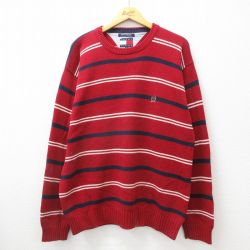 【20%OFF】XL★古着 トミーヒルフィガー TOMMY HILFIGER 長袖 ブランド セーター メンズ 90年代 90s ワンポイントロゴ 大きいサイズ コットン クルーネック 赤他 レッド ボーダー 24oct25 中古 ニット トップス