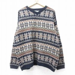 XL★古着 長袖 セーター メンズ 90年代 90s フェアアイル ウール Vネック USA製 紺他 ネイビー 24oct25 中古 ニット トップス
