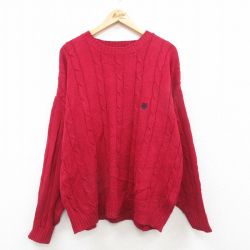 XL★古着 IZOD 長袖 ケーブル セーター メンズ 90年代 90s ワンポイントロゴ 大きいサイズ コットン クルーネック 赤 レッド 24oct26 中古 ニット トップス