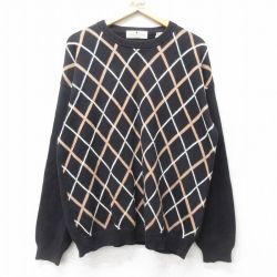 【50%OFF】L★古着 長袖 セーター メンズ 00年代 00s アーガイル コットン クルーネック 黒他 ブラック 24nov01 中古 ニット トップス