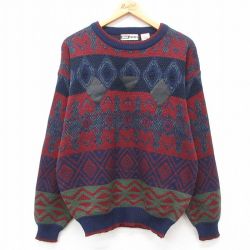 【50%OFF】L★古着 長袖 セーター メンズ 00年代 00s レザー使用 アクリル クルーネック 紺他 ネイビー 24nov01 中古 ニット トップス