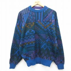 M★古着 長袖 セーター メンズ 90年代 90s クルーネック 青他 ブルー 24nov01 中古 ニット トップス
