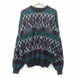 XL★古着 長袖 セーター メンズ 00年代 00s レザー使用 大きいサイズ アクリル クルーネック 黒他 ブラック 24nov01 中古 ニット トップス