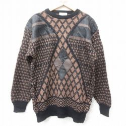 L★古着 長袖 セーター メンズ 90年代 90s レザー使用 アクリル クルーネック 黒他 ブラック 24nov01 中古 ニット トップス