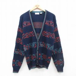 S★古着 キャンパス 長袖 ニット カーディガン メンズ 90年代 90s　アクリル 紺他 ネイビー 24nov02 中古 トップス