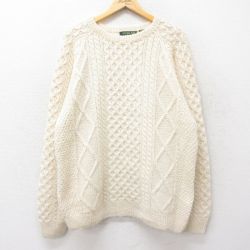 L★古着 長袖 アラン フィッシャーマン ケーブル セーター メンズ 90年代 90s 手編み ハンドニット ウール クルーネック 生成り 24nov06 中古 ニット トップス