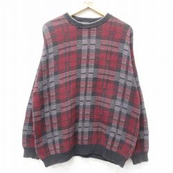 【50%OFF】XL★古着 長袖 セーター メンズ 90年代 90s コットン クルーネック USA製 グレー他 チェック 24nov06 中古 ニット トップス
