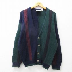 XL★古着 長袖 ニット カーディガン メンズ 90年代 90s マルチカラー クレイジーパターン コットン 濃緑他 グリーン 24nov08 中古 トップス