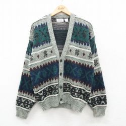 M★古着 シアーズ 長袖 ニット カーディガン メンズ 90年代 90s 雪柄 アクリル グレー他 霜降り 24nov12 中古 トップス